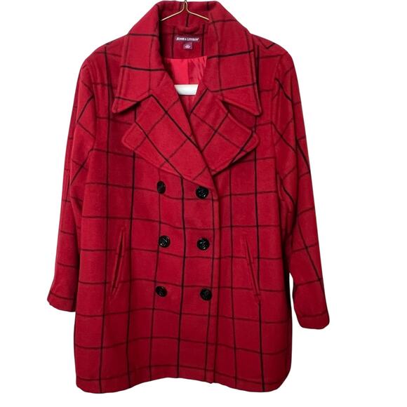 Jessica London Peacoat Women 24 Petite Red Check Wool Blend Double Breasted Coat - Picture 1 of 10